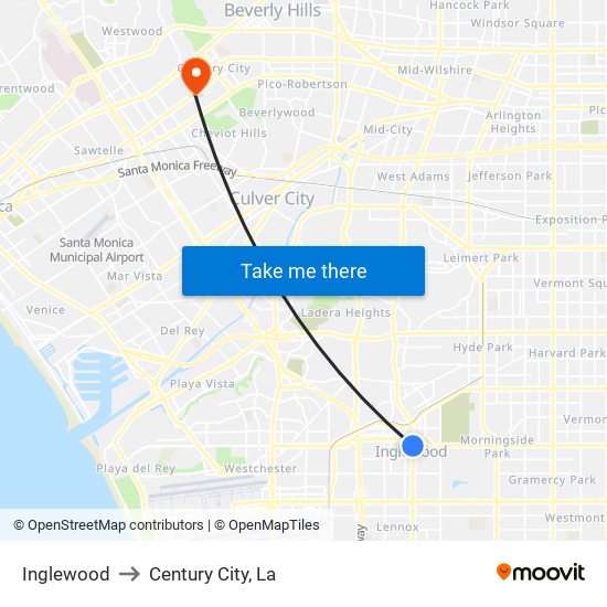 Inglewood to Century City, La map