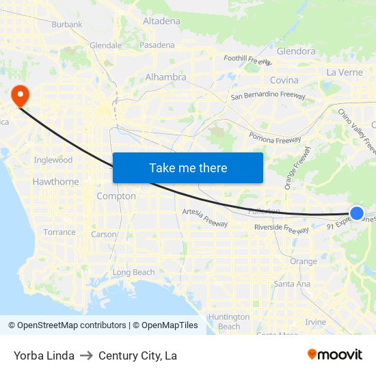 Yorba Linda to Century City, La map