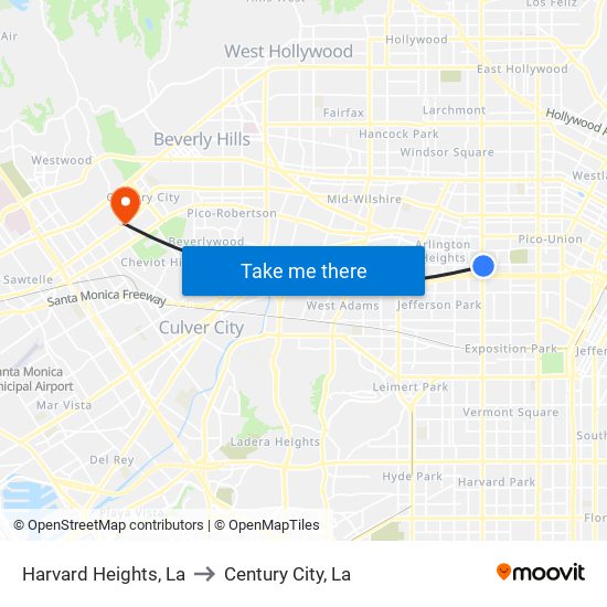 Harvard Heights, La to Century City, La map