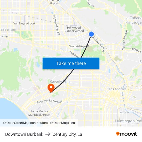 Downtown Burbank to Century City, La map