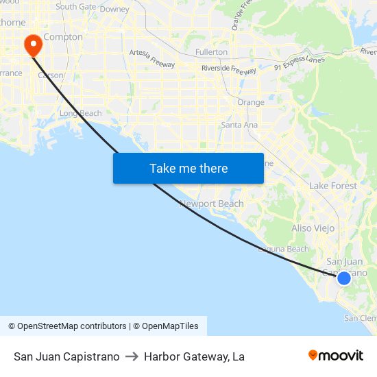 San Juan Capistrano to Harbor Gateway, La map