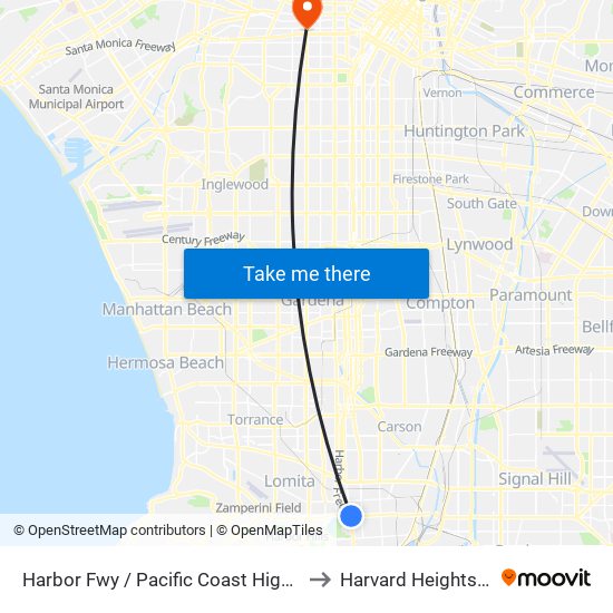 Harbor Fwy / Pacific Coast Highway to Harvard Heights, La map