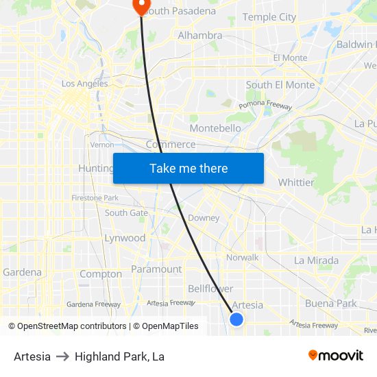 Artesia to Highland Park, La map