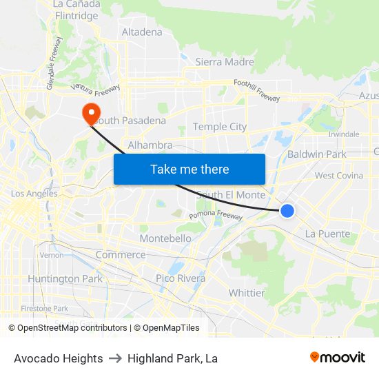 Avocado Heights to Highland Park, La map