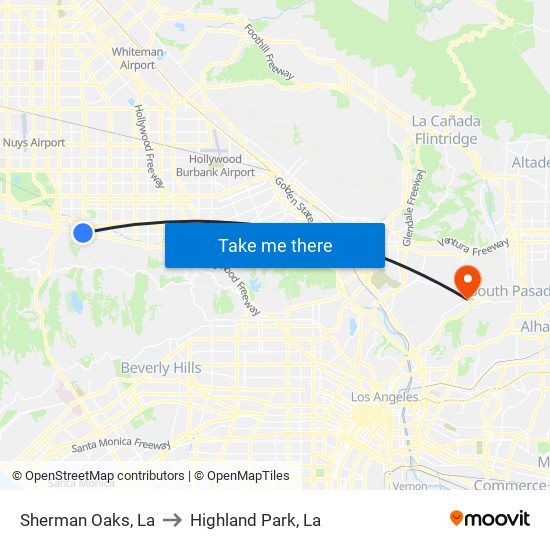 Sherman Oaks, La to Highland Park, La map