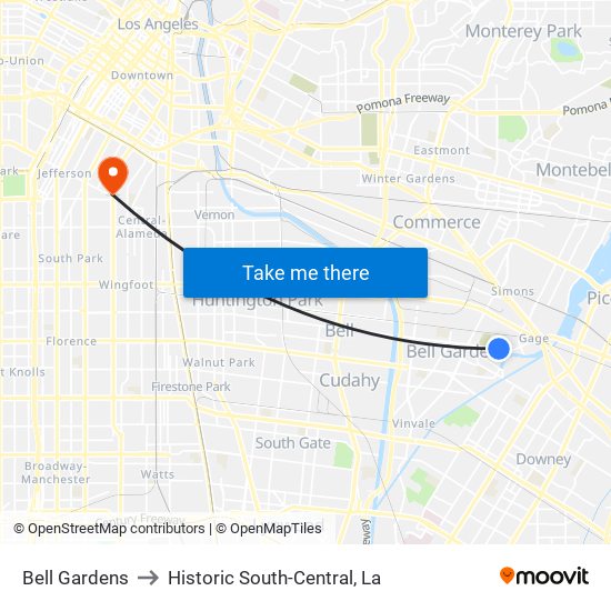 Bell Gardens to Historic South-Central, La map