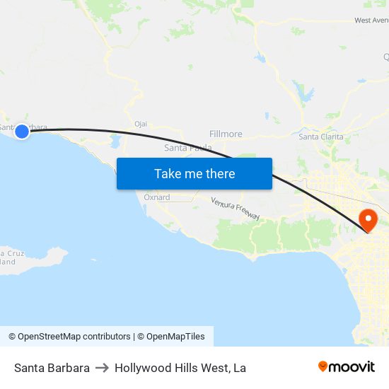 Santa Barbara to Hollywood Hills West, La map