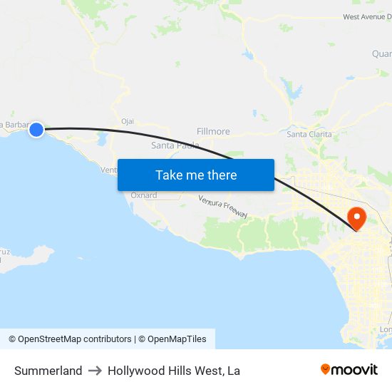 Summerland to Hollywood Hills West, La map