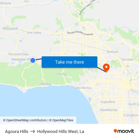 Agoura Hills to Hollywood Hills West, La map