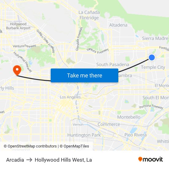 Arcadia to Hollywood Hills West, La map