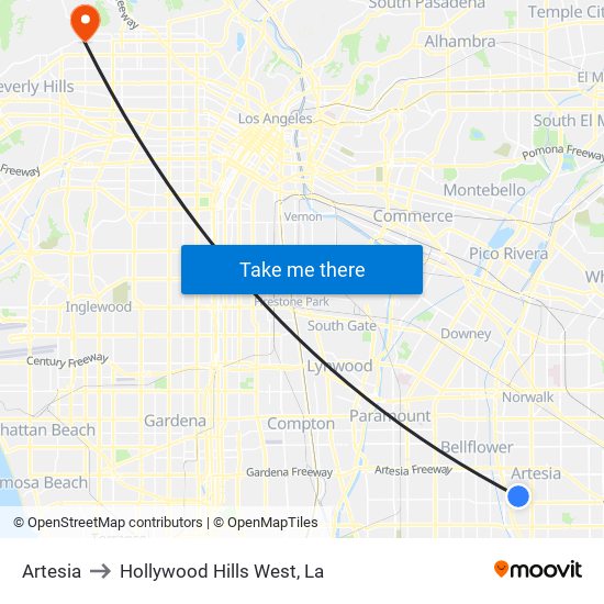 Artesia to Hollywood Hills West, La map