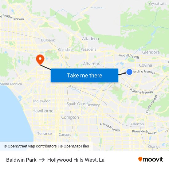 Baldwin Park to Hollywood Hills West, La map