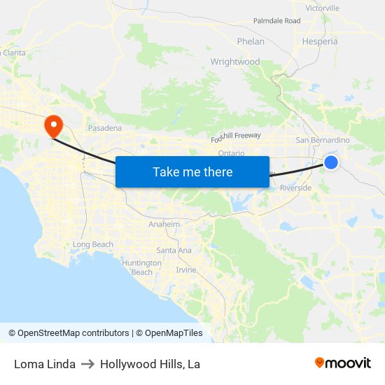 Loma Linda to Hollywood Hills, La map