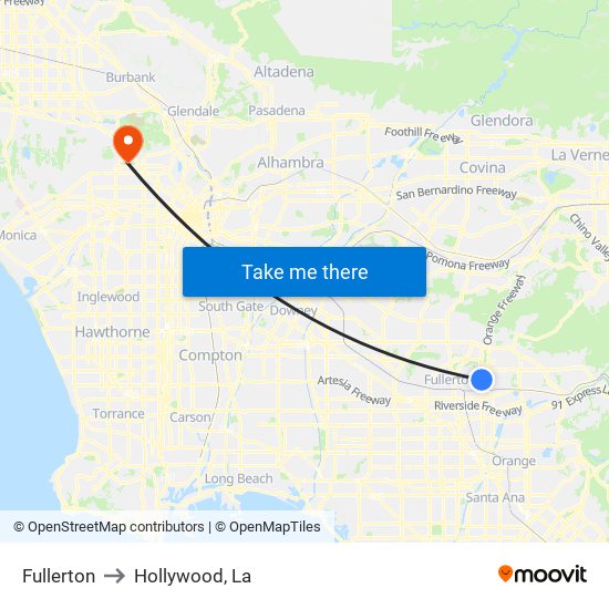 Fullerton to Hollywood, La map
