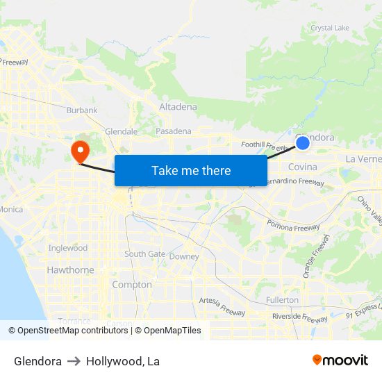 Glendora to Hollywood, La map