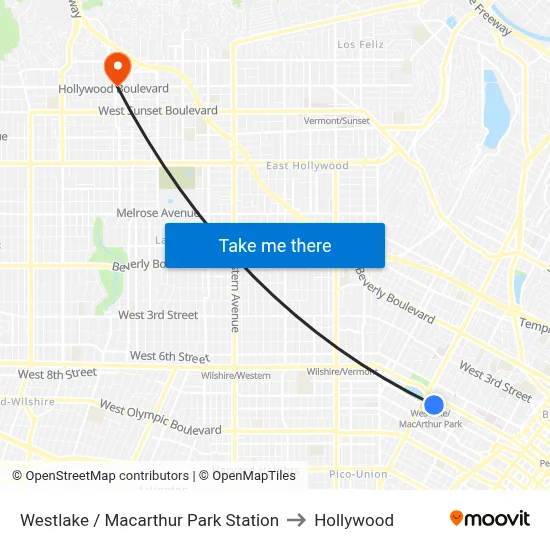 Westlake / Macarthur Park Station to Hollywood map