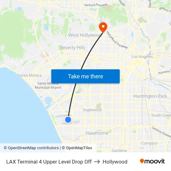 LAX Terminal 4 Upper Level Drop Off to Hollywood map