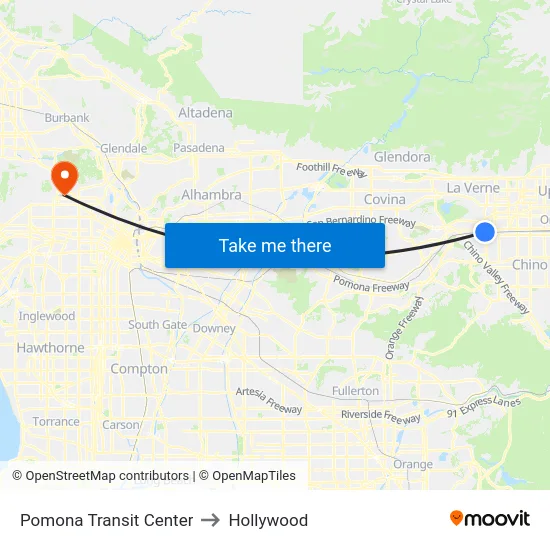 Pomona Transit Center to Hollywood map