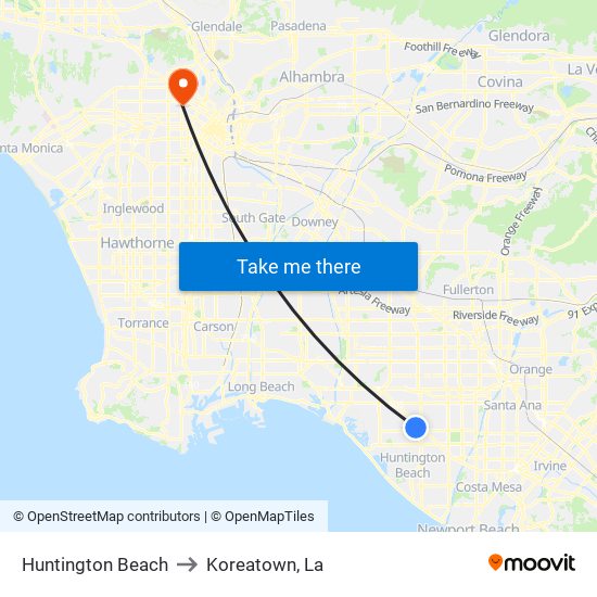 Huntington Beach to Koreatown, La map