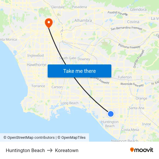 Huntington Beach to Koreatown map