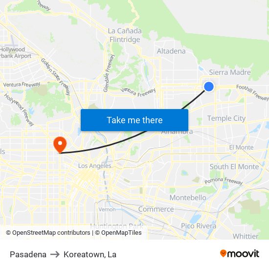 Pasadena to Koreatown, La map