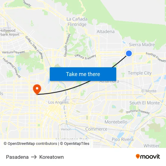 Pasadena to Koreatown map