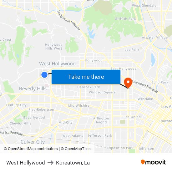 West Hollywood to Koreatown, La map