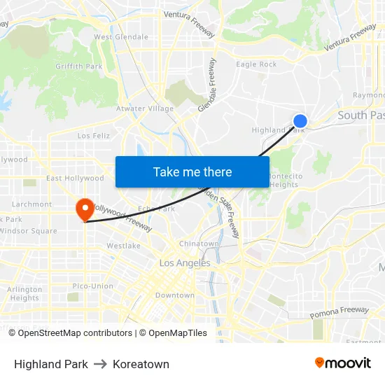 Highland Park to Koreatown map