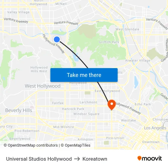 Universal Studios Hollywood to Koreatown map