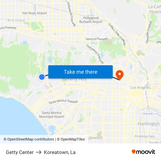 Getty Center to Koreatown, La map