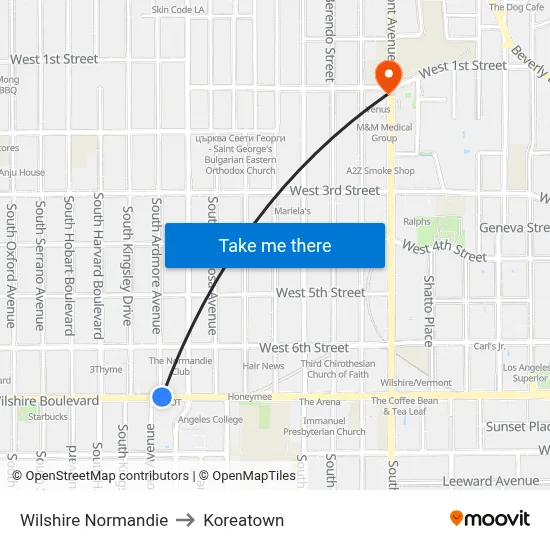Wilshire Normandie to Koreatown map