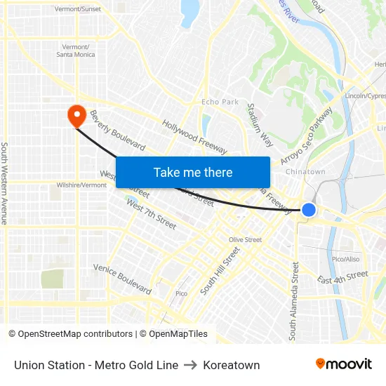Union Station - Metro Gold Line to Koreatown map