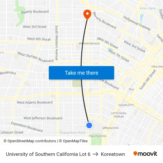 University of Southern California Lot 6 to Koreatown map