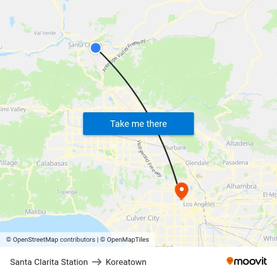 Santa Clarita Station to Koreatown map