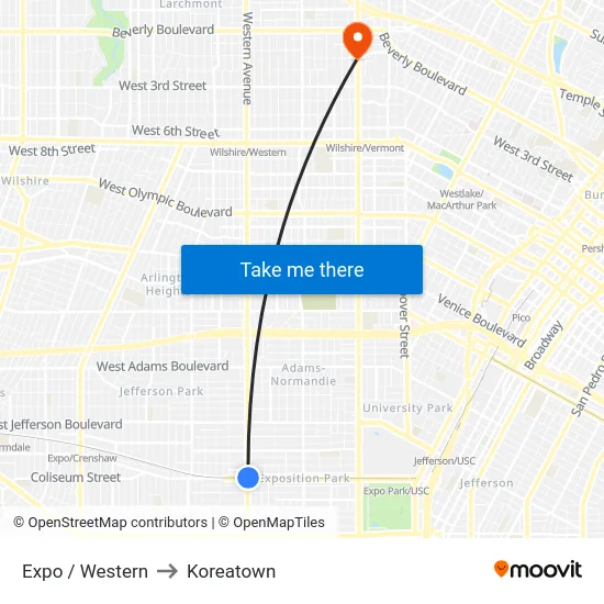 Expo / Western to Koreatown map