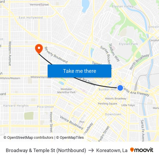 Broadway & Temple St (Northbound) to Koreatown, La map