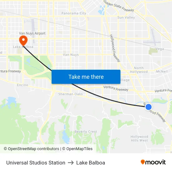 Universal Studios Station to Lake Balboa map