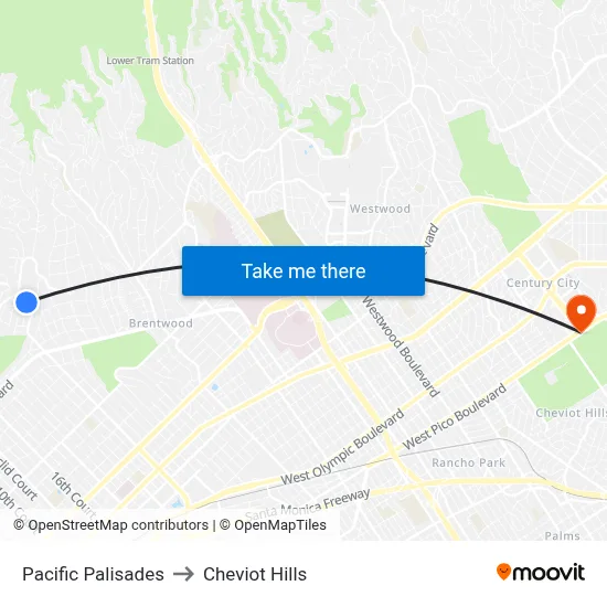 Pacific Palisades to Cheviot Hills map