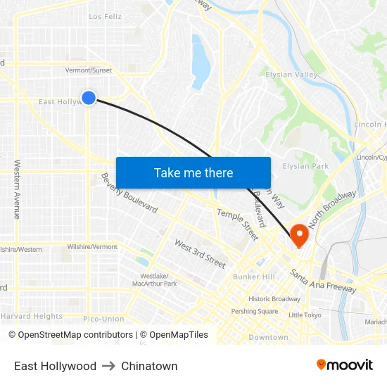 East Hollywood to Chinatown map