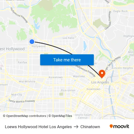 Loews Hollywood Hotel Los Angeles to Chinatown map
