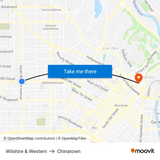 Wilshire & Western to Chinatown map