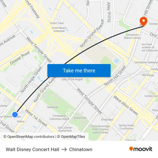 Walt Disney Concert Hall to Chinatown map