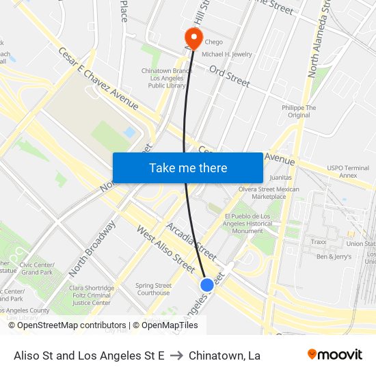 Aliso St and Los Angeles St E to Chinatown, La map