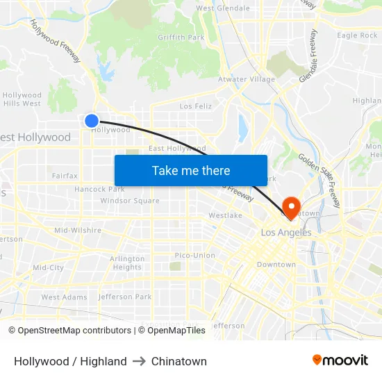 Hollywood / Highland to Chinatown map