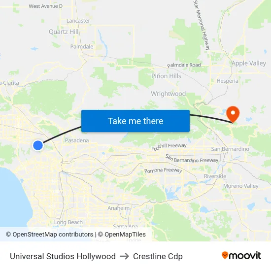 Universal Studios Hollywood to Crestline Cdp map