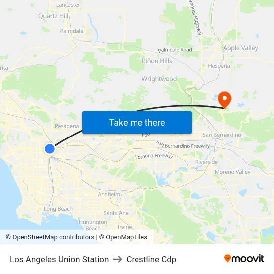 Los Angeles Union Station to Crestline Cdp map