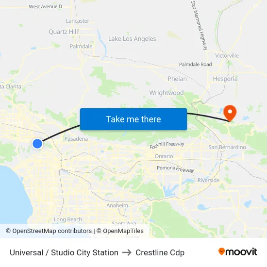 Universal / Studio City Station to Crestline Cdp map