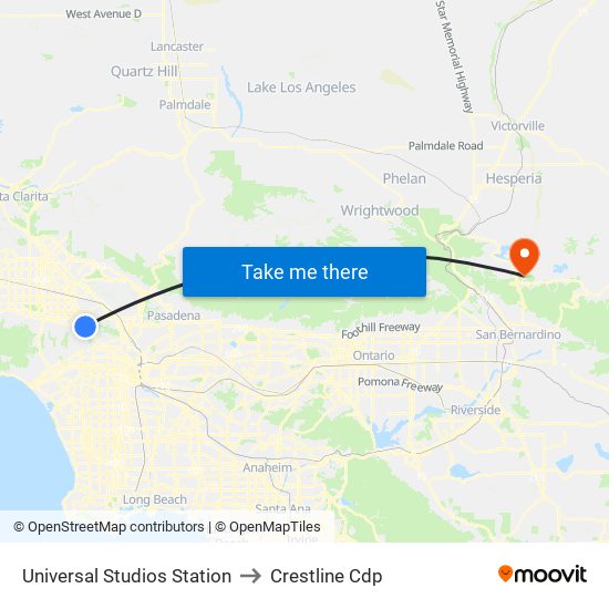 Universal Studios Station to Crestline Cdp map