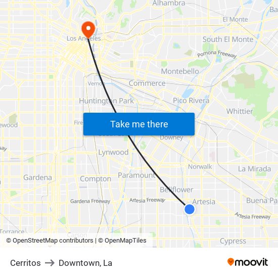 Cerritos to Downtown, La map