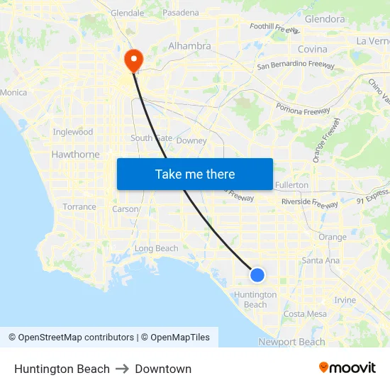 Huntington Beach to Downtown map